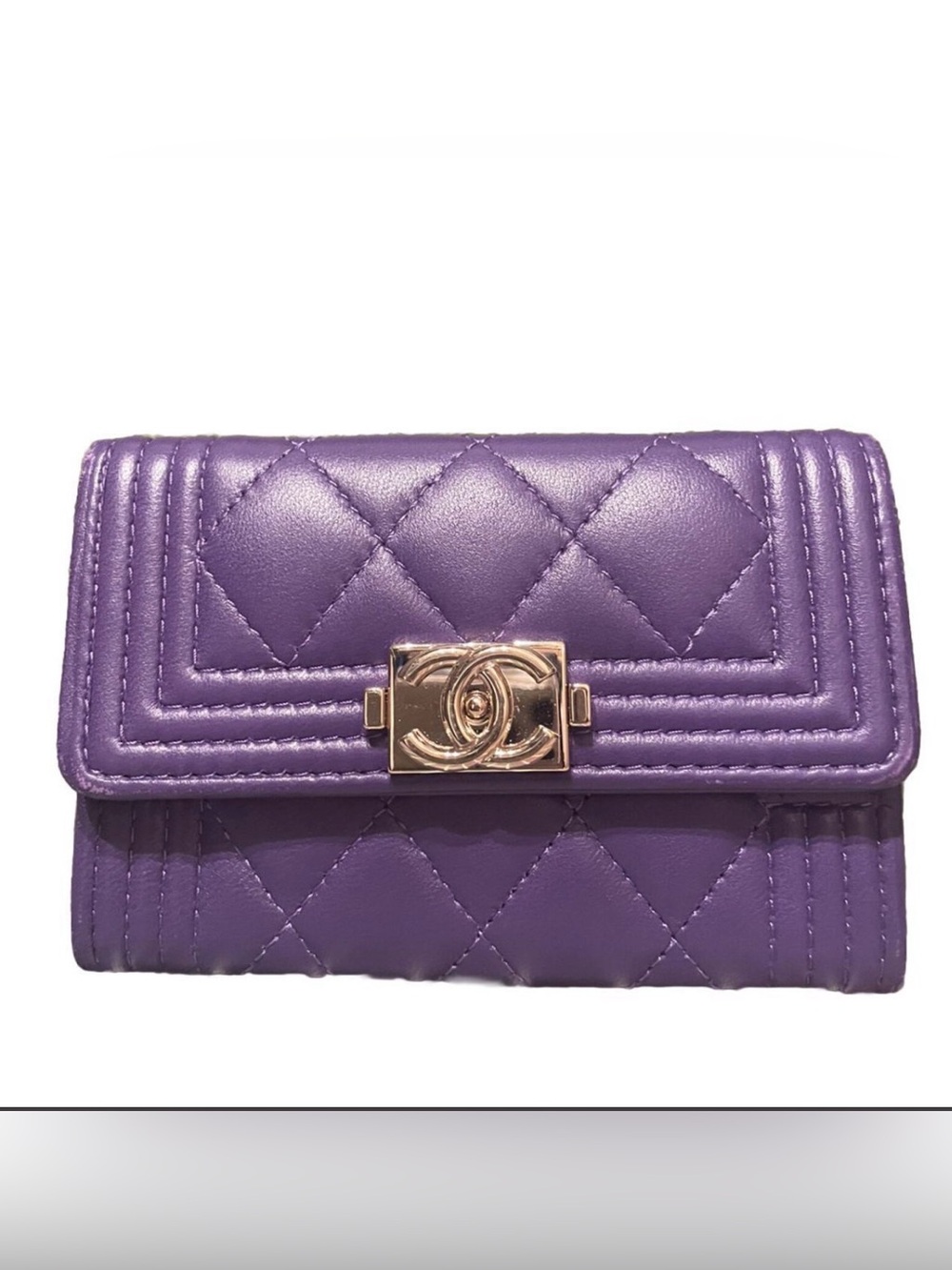 Chanel Le Boy Purple Quilted Leather Card Case with Gold Turn-Lock